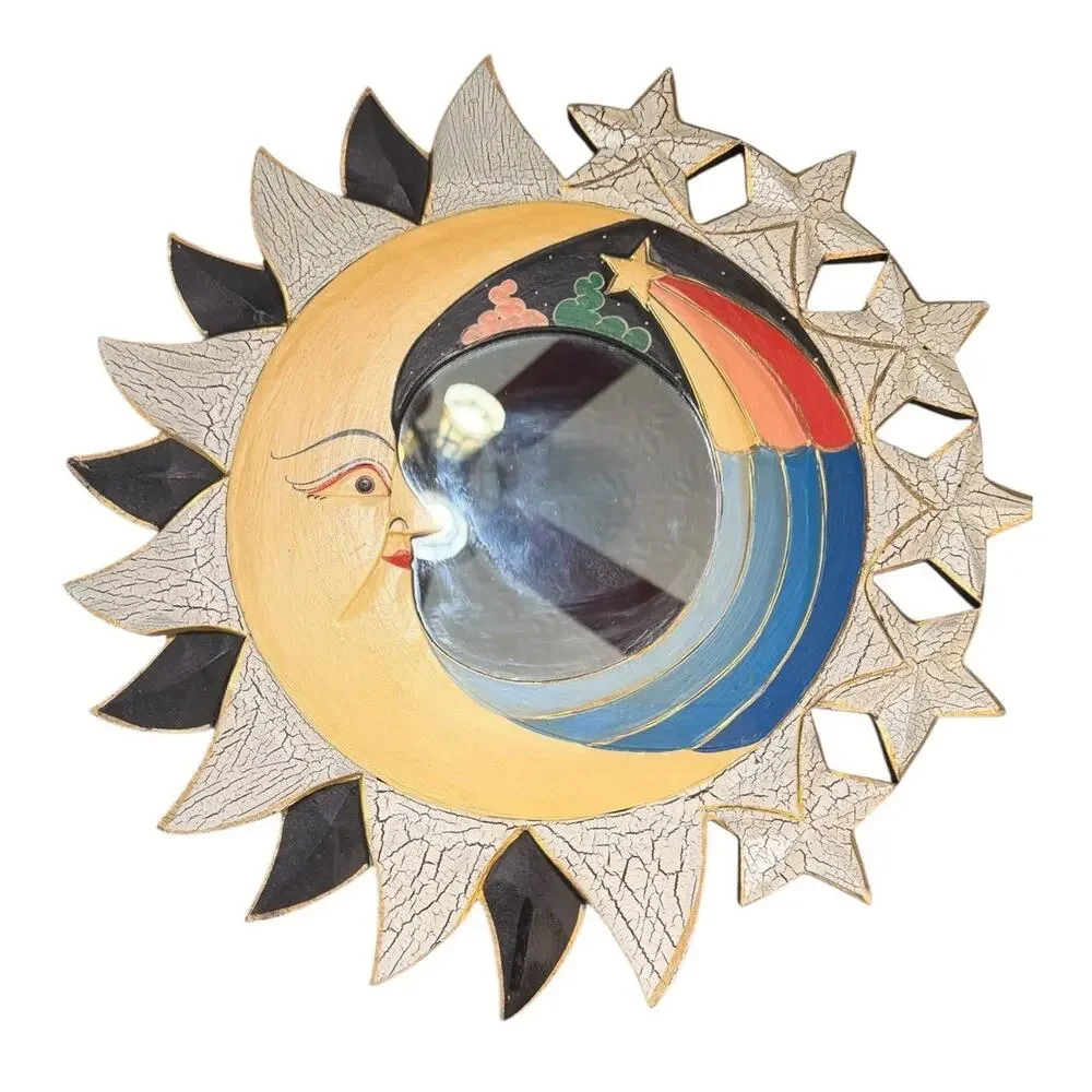 VTG Celestial Accent Wall Mirror Hand Painted Wood Sun Moon Stars Folk Art Style